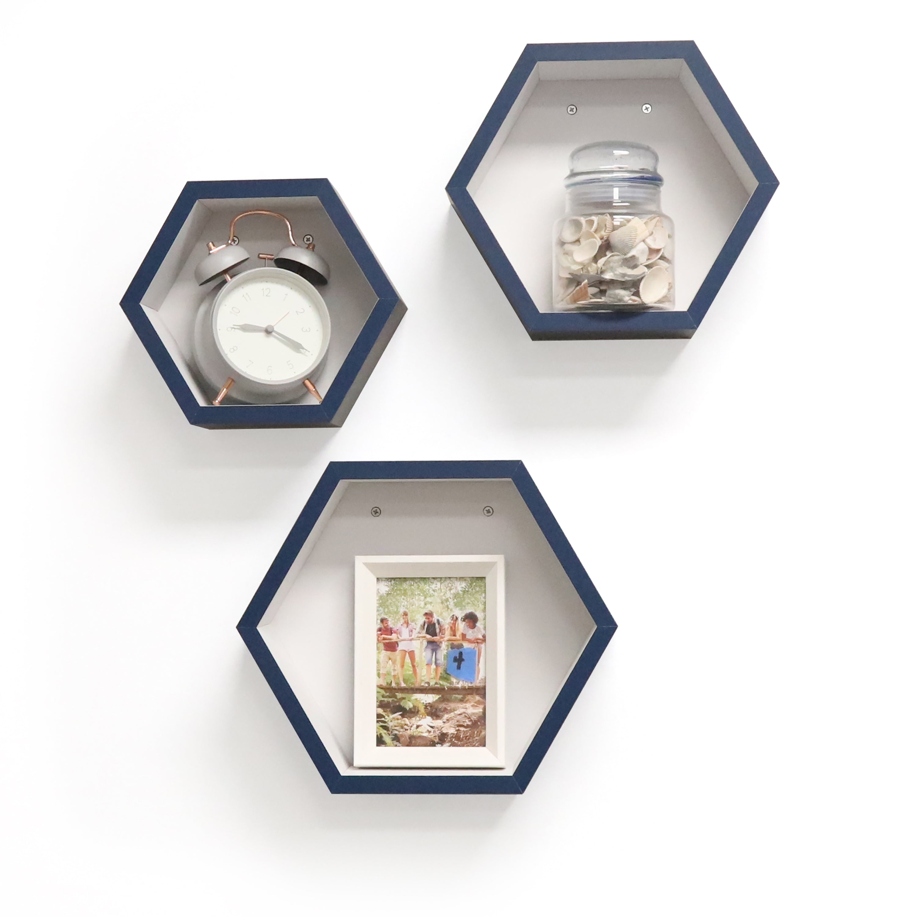 InPlace 3 Pc 12 in W, 10 in W, 8 in W Navy Hexagon Shelf Set, 9605022E